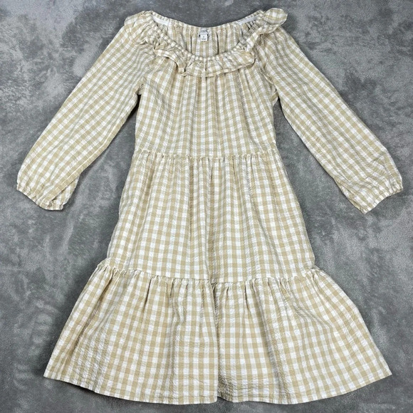 J. Crew Dress Womens 2 Seersucker Ruffle Gingham Modest Neutral Boho Prairie - Picture 5 of 11